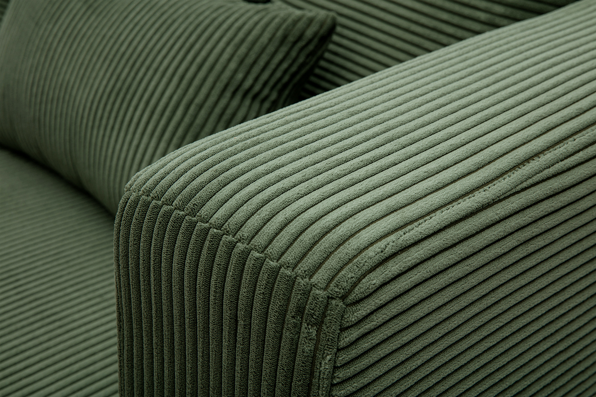 Canap� d'angle droit 3 places en tissu velours c�tel� vert kaki et bois clair HARLEM