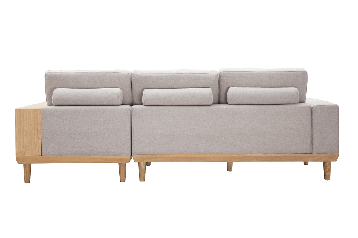 Canap� d'angle droit 5 places avec rangements en tissu effet velours textur� beige et bois clair KOMAO