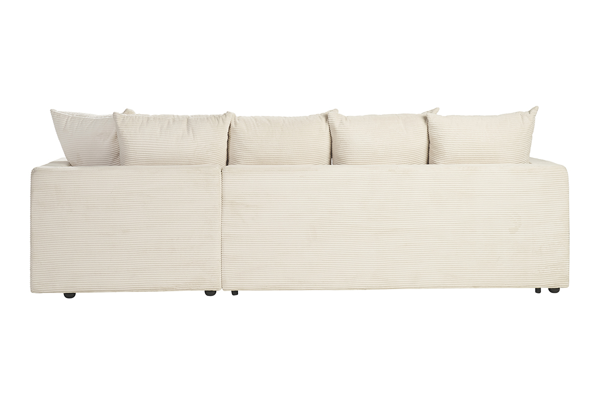 Vue de dos d'un canap� d'angle droit en velours c�tel� beige.