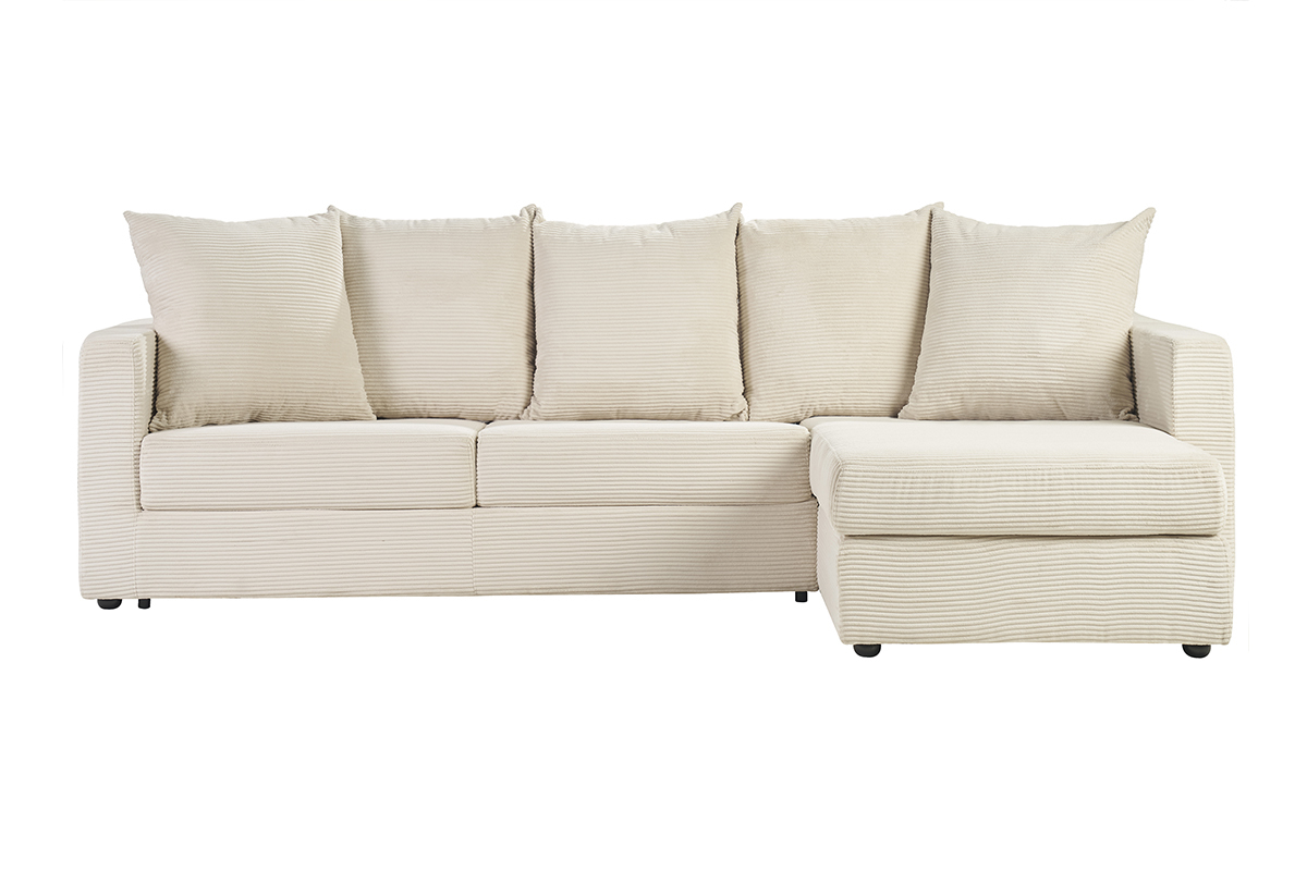 Canap� d'angle droit convertible 4 places en velours c�tel� beige vue de face.