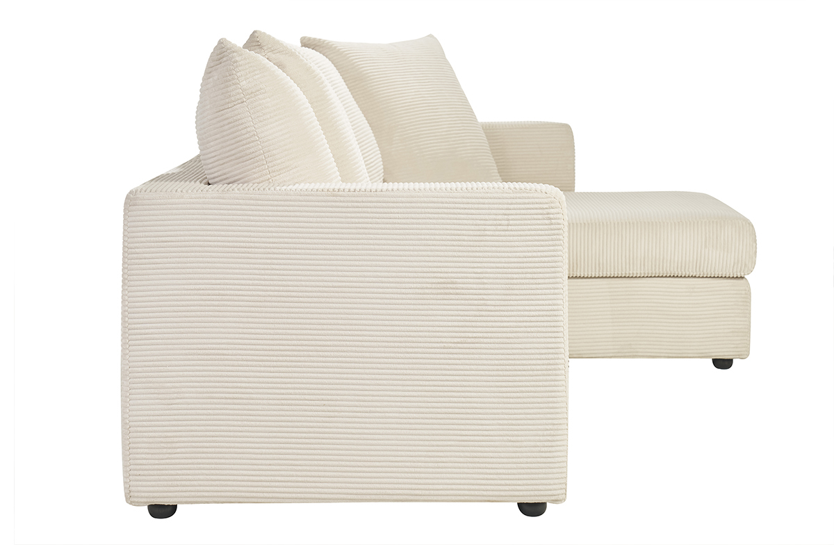 Canap� d'angle droit en velours c�tel� beige, vue lat�rale.