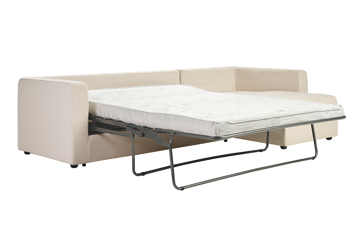 Canap� d'angle droit convertible 4 places en tissu velours c�tel� beige avec matelas 13 cm BACIO
