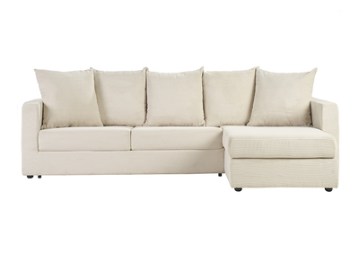 Canap&eacute; d'angle droit convertible 4 places en tissu velours c&ocirc;tel&eacute; beige avec matelas 13 cm BACIO
