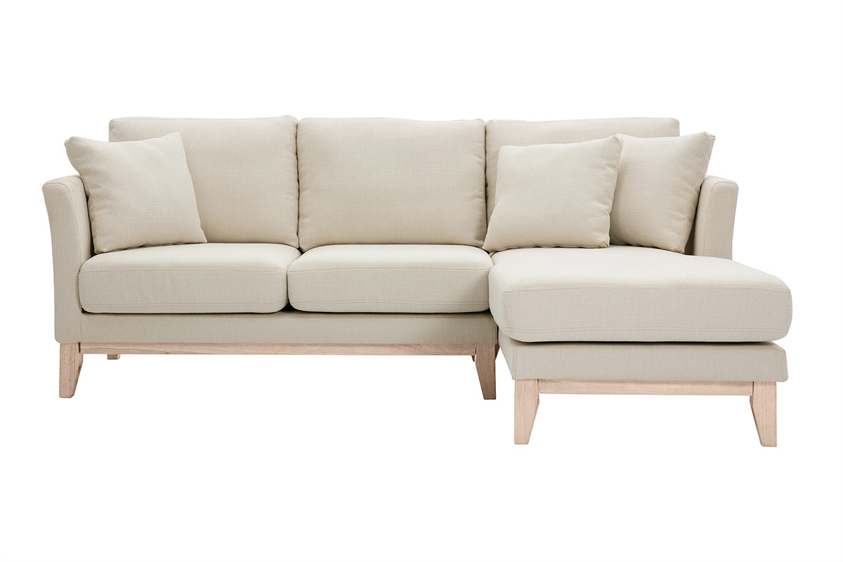 Canap� d'angle droit d�houssable beige 4 places en tissu avec pi�tement en bois clair, vue de face.