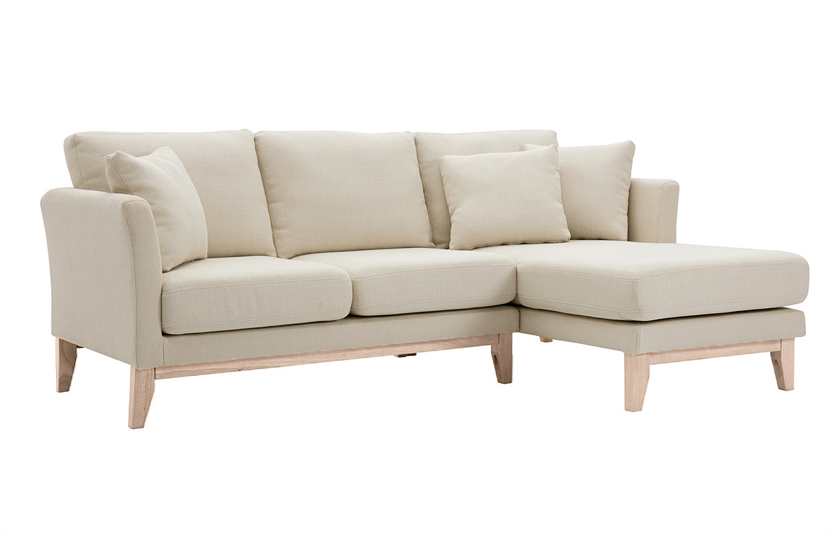 Canap� d'angle droit d�houssable 4 places en tissu beige et bois clair, vue de 3/4