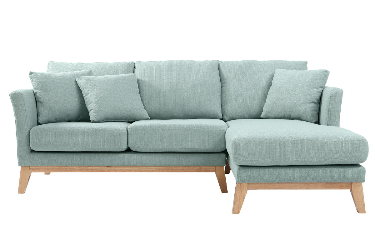 Canap� d'angle droit d�houssable scandinave 4 places en tissu vert lagon et bois clair OSLO