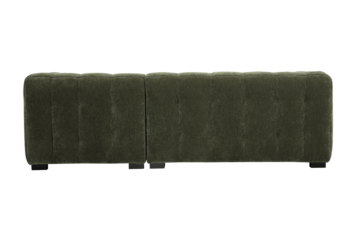 Vue arri�re d'un canap� d'angle droit 3 places en tissu velours vert kaki.