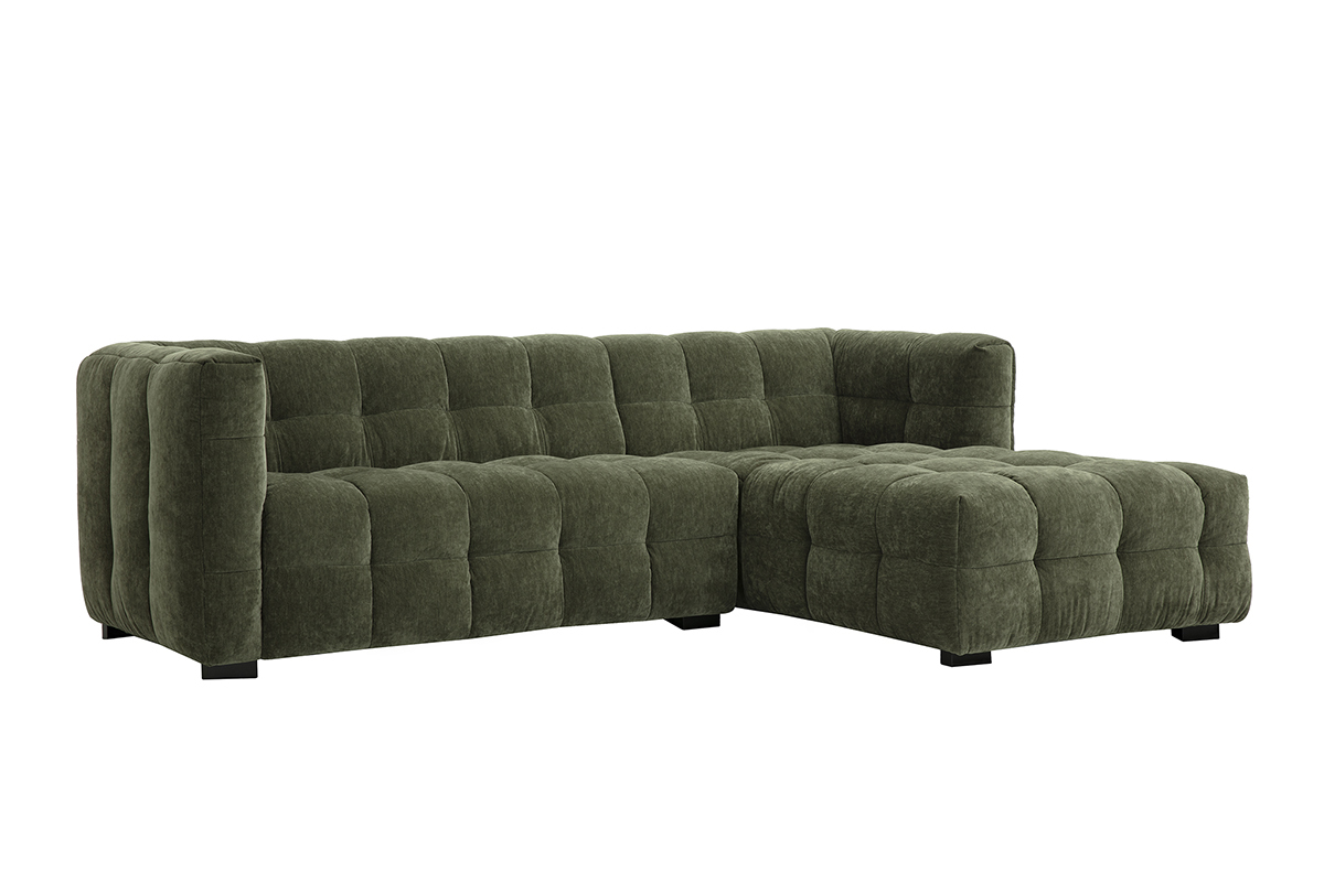 Canap� d'angle droit 3 places, tissu effet velours vert kaki, vue de 3/4.
