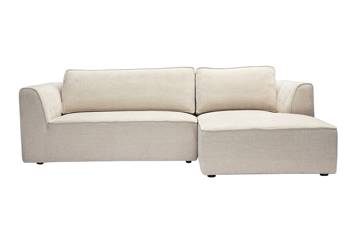 Canap� d'angle droit 3 places en tissu beige effet velours, vue de face.