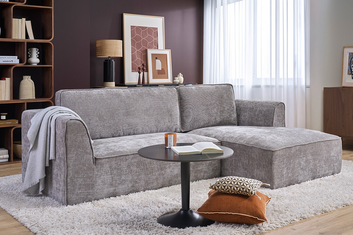 Canap� d'angle droit design en tissu effet velours textur� gris 3 places GRAMMY