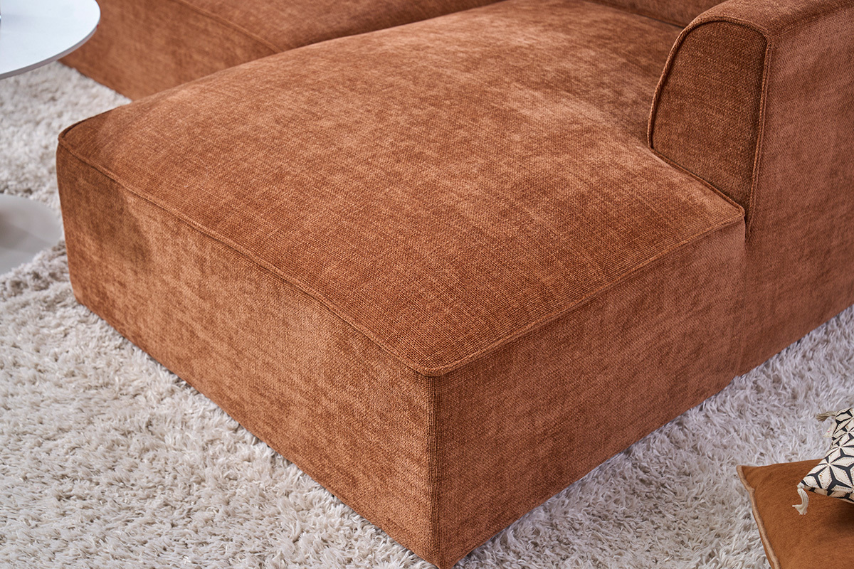 Canap� d'angle droit design en tissu effet velours textur� terre br�l�e 3 places GRAMMY
