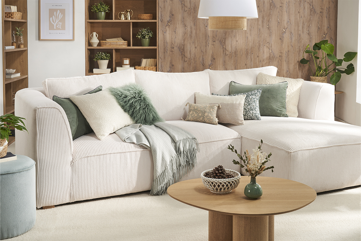 Canap� d'angle droit design en tissu velours c�tel� �cru 3-4 places PANAM