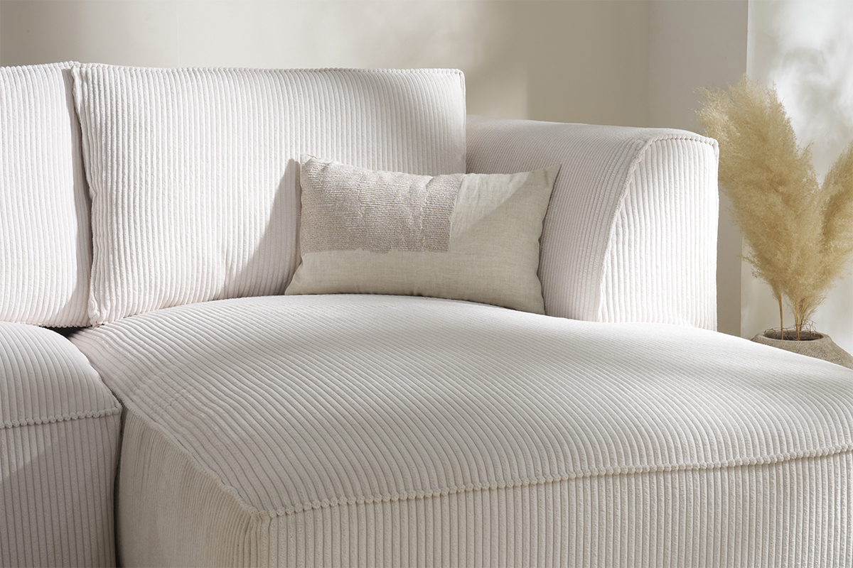 Canap� d'angle droit design en tissu velours c�tel� �cru 3-4 places PANAM