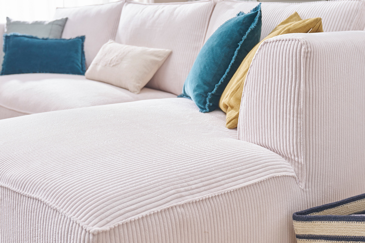 Canap� d'angle droit design en tissu velours c�tel� �cru 3-4 places PANAM