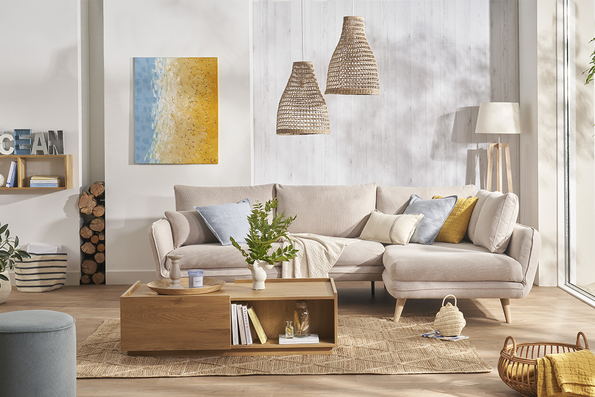 Canap� d'angle droit scandinave 5 places en tissu beige et bois clair CREEP