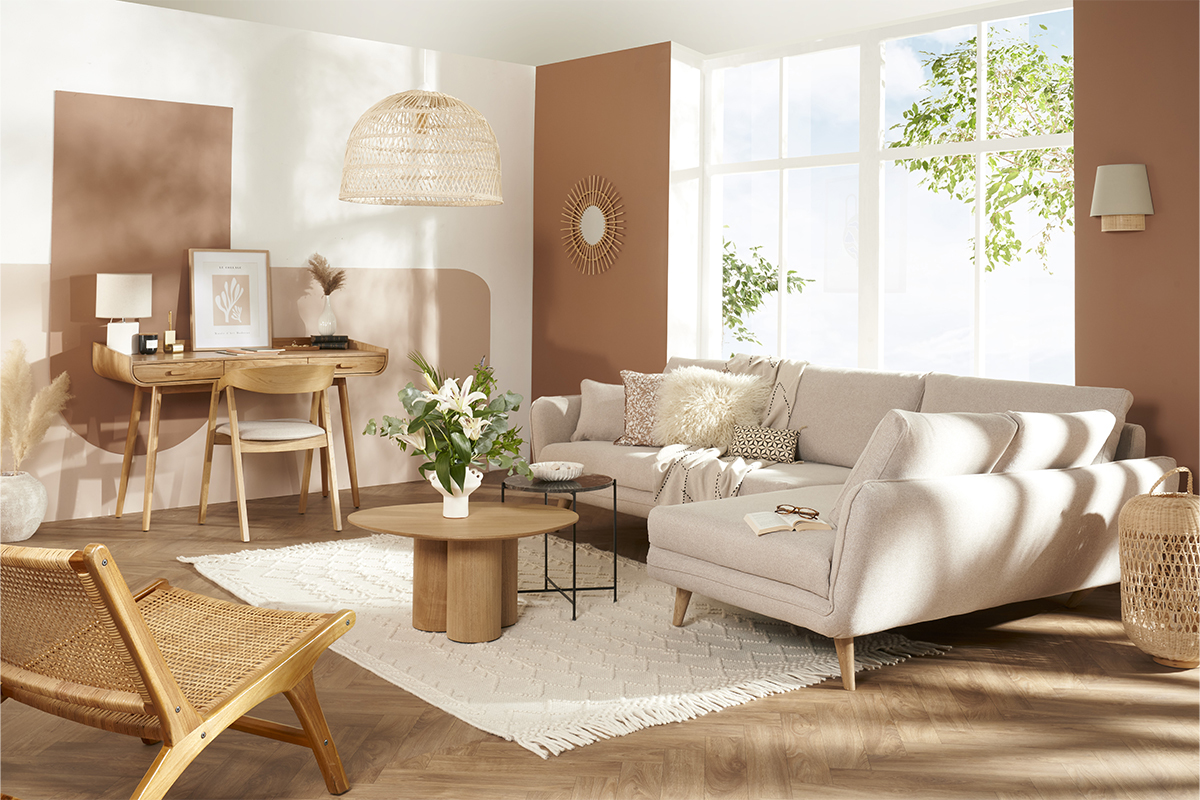 Canap� d'angle droit scandinave 5 places en tissu beige et bois clair CREEP