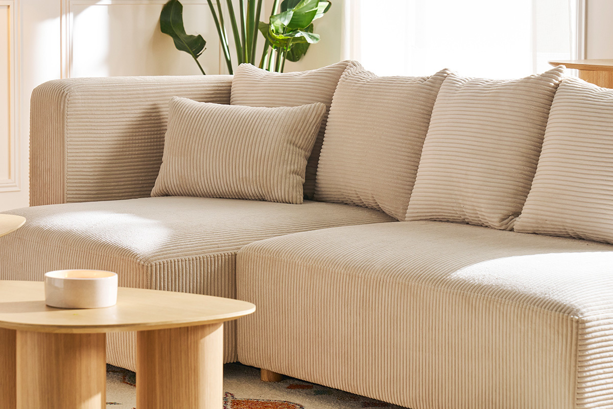 Canap� d'angle gauche 3 places en tissu velours c�tel� beige et bois clair HARLEM