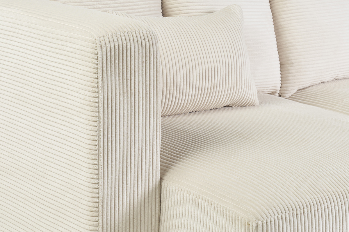 Canap� d'angle gauche 3 places en tissu velours c�tel� beige et bois clair HARLEM