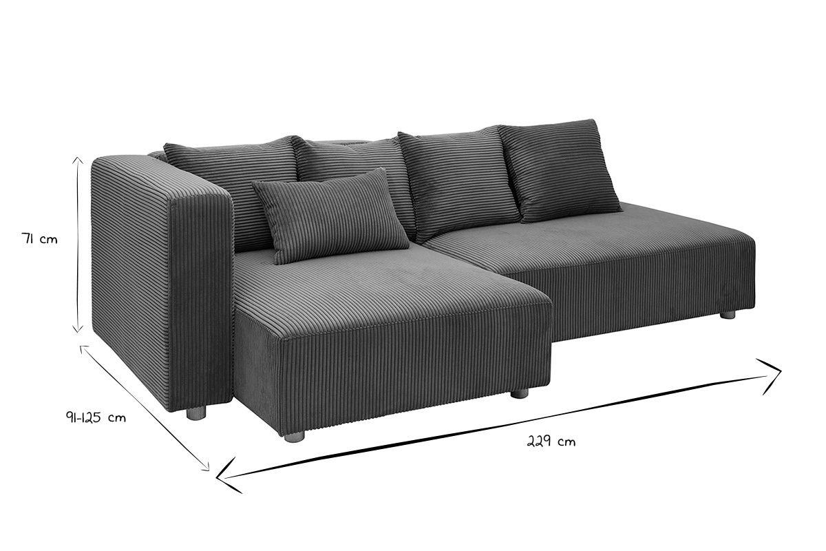 Canap� d'angle gauche 3 places en tissu velours c�tel� vert kaki et bois clair HARLEM