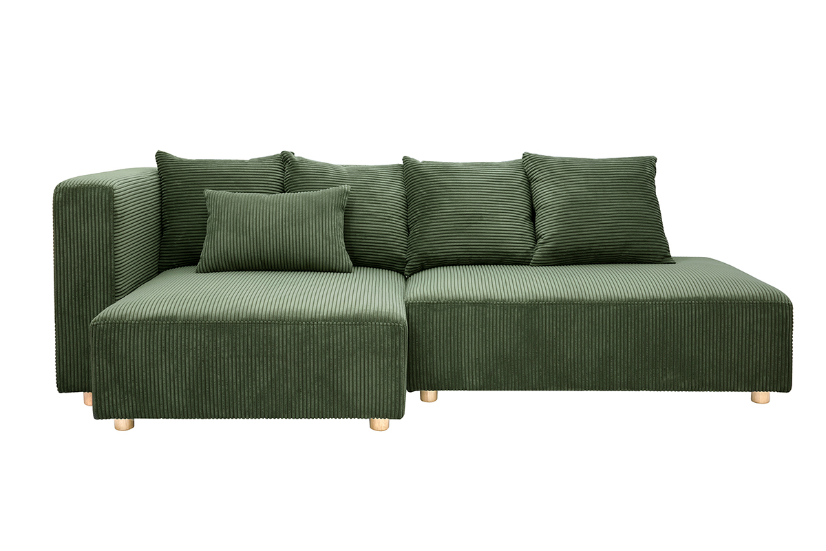 Canap� d'angle gauche 3 places en tissu velours c�tel� vert kaki et bois clair HARLEM