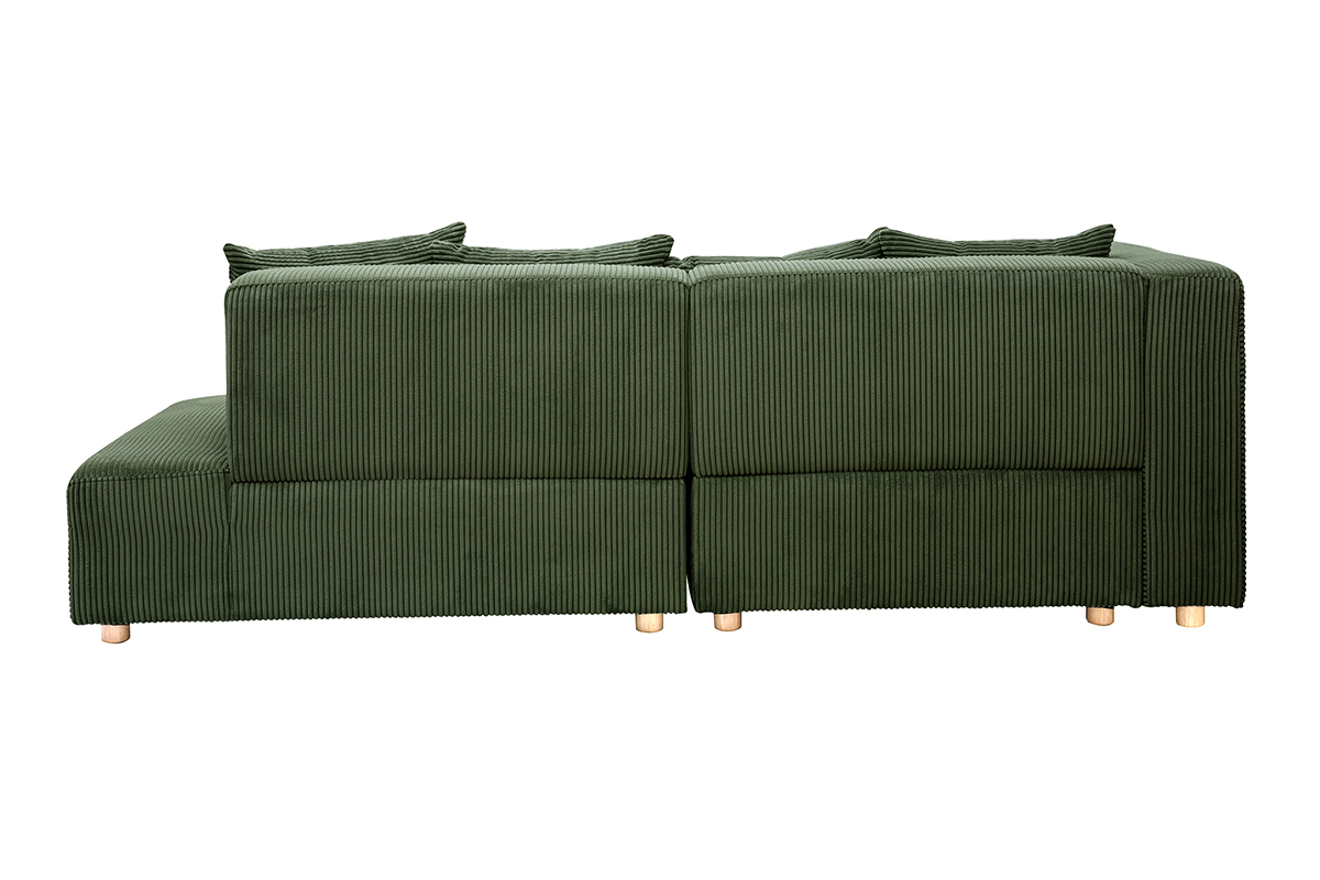 Canap� d'angle gauche 3 places en tissu velours c�tel� vert kaki et bois clair HARLEM