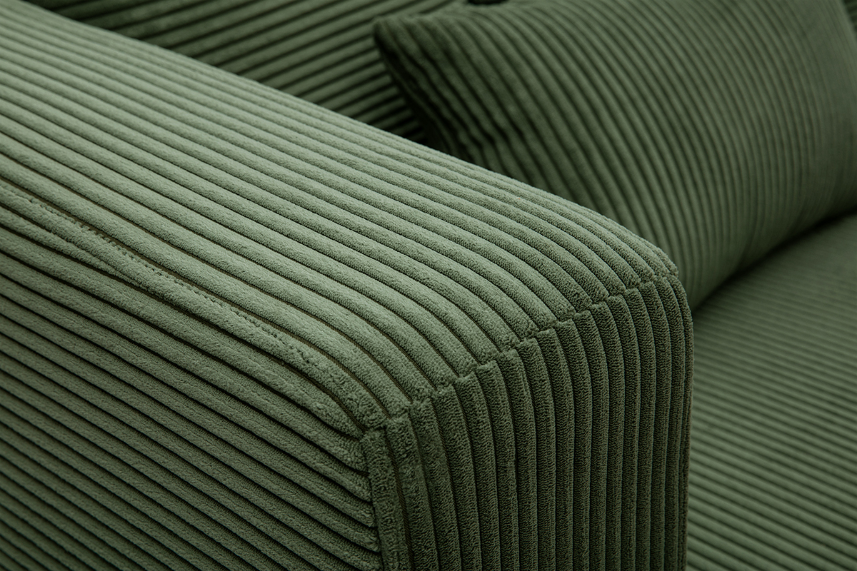Canap� d'angle gauche 3 places en tissu velours c�tel� vert kaki et bois clair HARLEM