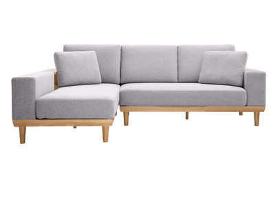 Canap&eacute; d'angle gauche 5 places avec rangements en tissu effet velours textur&eacute; gris clair et bois clair KOMAO