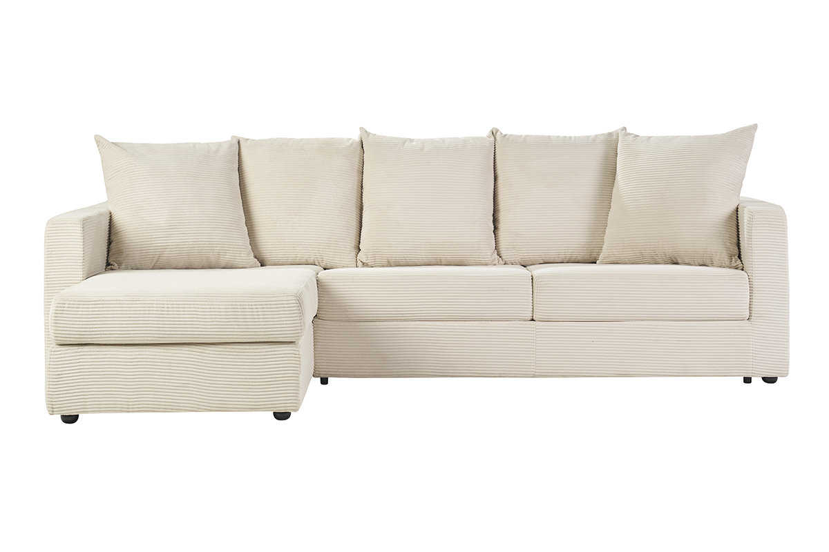 Canap� d'angle gauche convertible 4 places en velours c�tel� beige, vue de face.