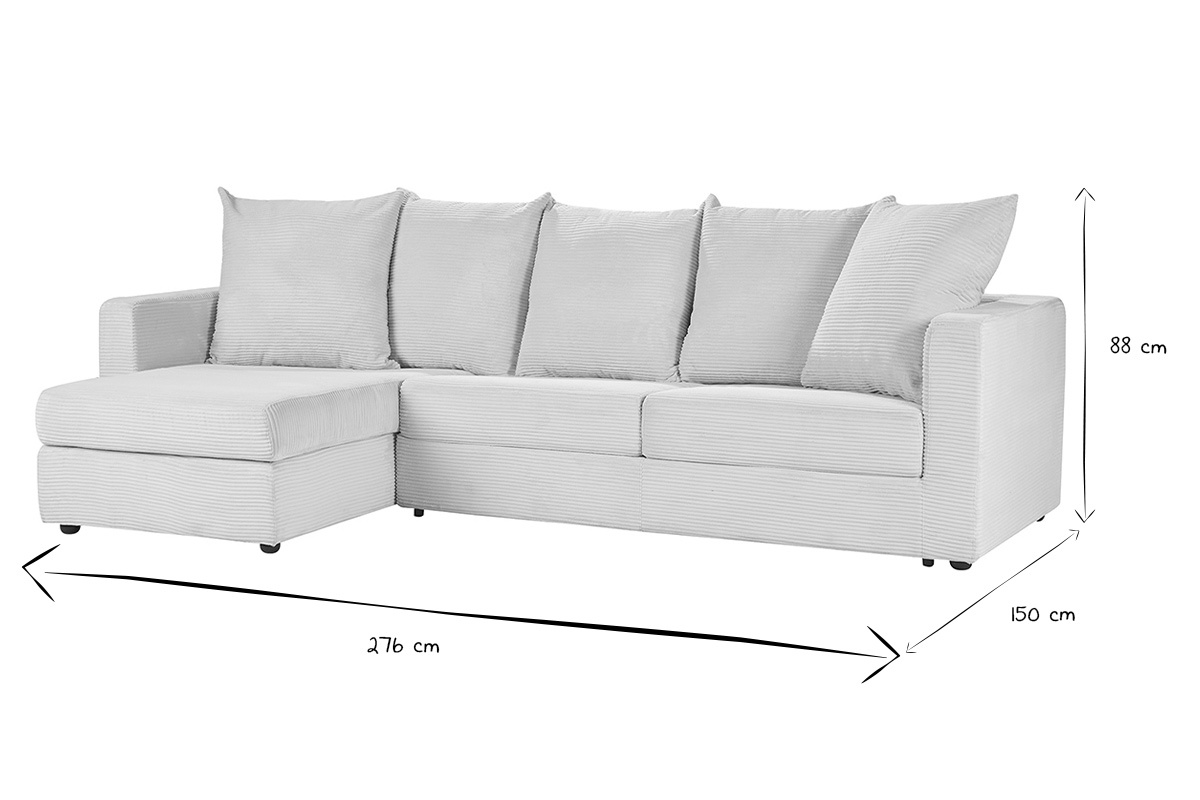 Canap� d'angle gauche convertible avec dimensions : 276x150x88 cm, en noir et blanc.
