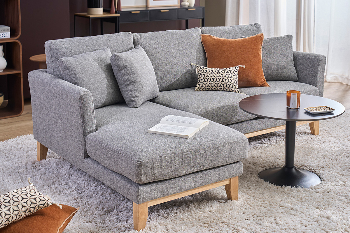 Canap� d'angle gauche d�houssable scandinave 3-4 places en tissu gris clair et bois clair OSLO