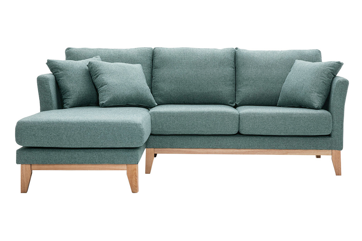 Canap� d'angle gauche d�houssable scandinave en tissu vert de gris et bois clair 3-4 places OSLO