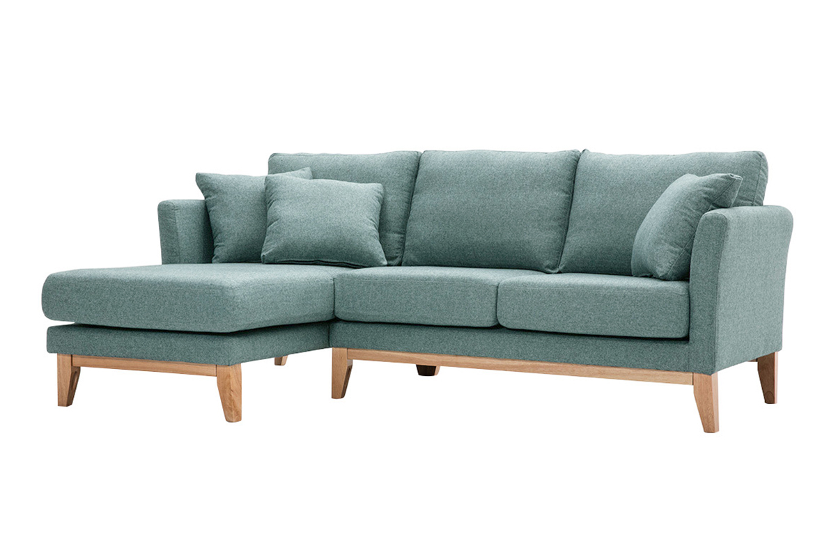 Canap� d'angle gauche d�houssable scandinave en tissu vert de gris et bois clair 3-4 places OSLO