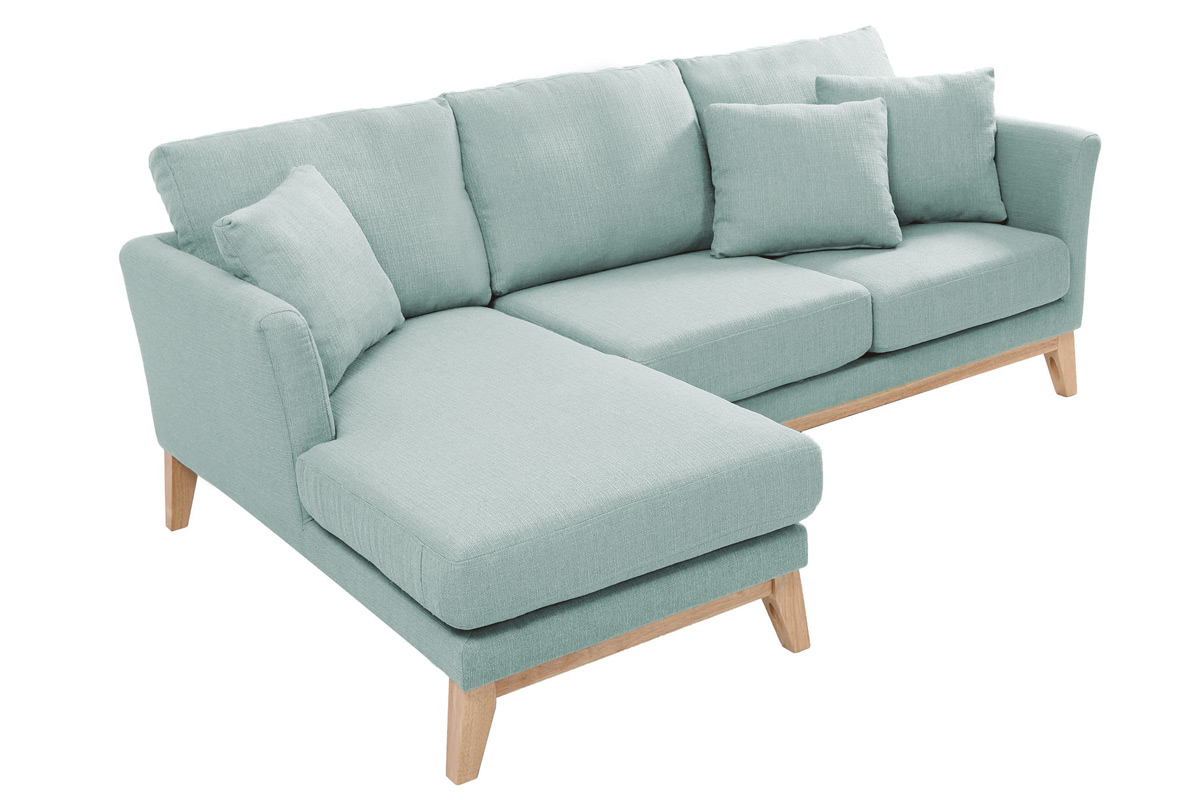 Canap� d'angle gauche d�houssable scandinave en tissu vert lagon et bois clair 3-4 places OSLO