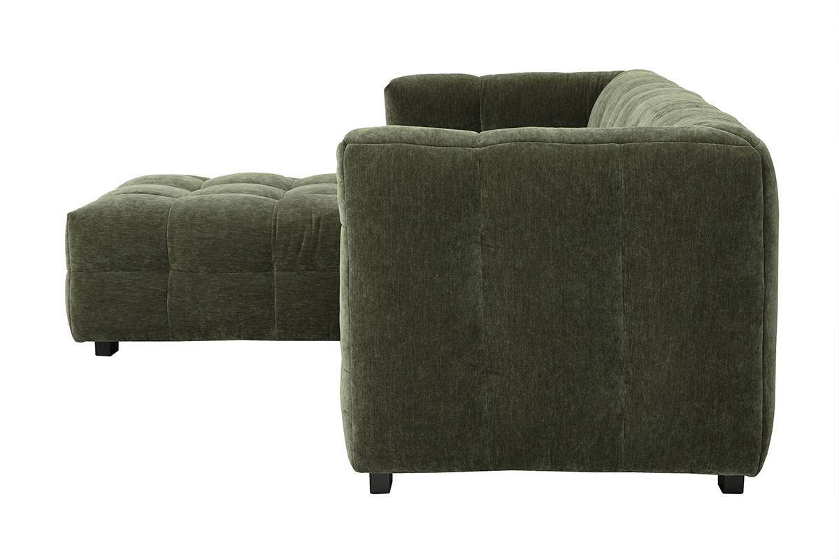 Canap� d'angle gauche en tissu velours vert kaki, vue de c�t�.