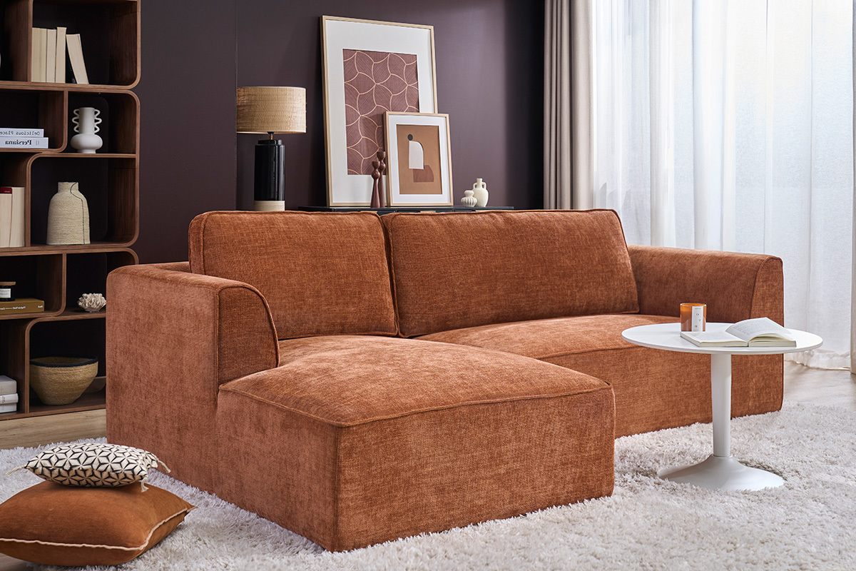 Canap� d'angle gauche design en tissu effet velours textur� terre br�l�e 3 places GRAMMY