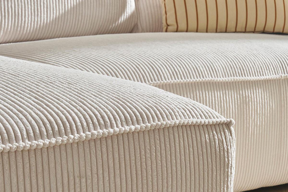 Canap� d'angle gauche design en tissu velours c�tel� �cru 3-4 places PANAM