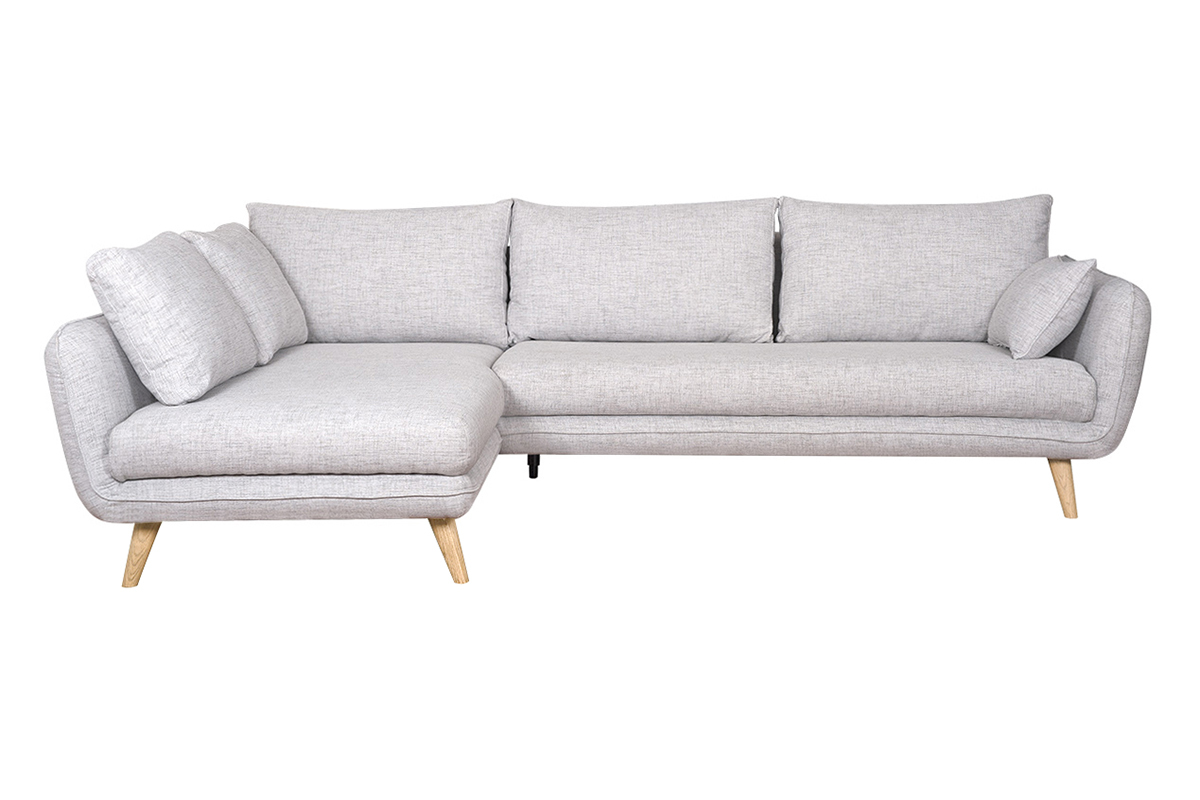 Canap� d'angle gauche scandinave 5 places en tissu gris clair chin� et bois clair CREEP