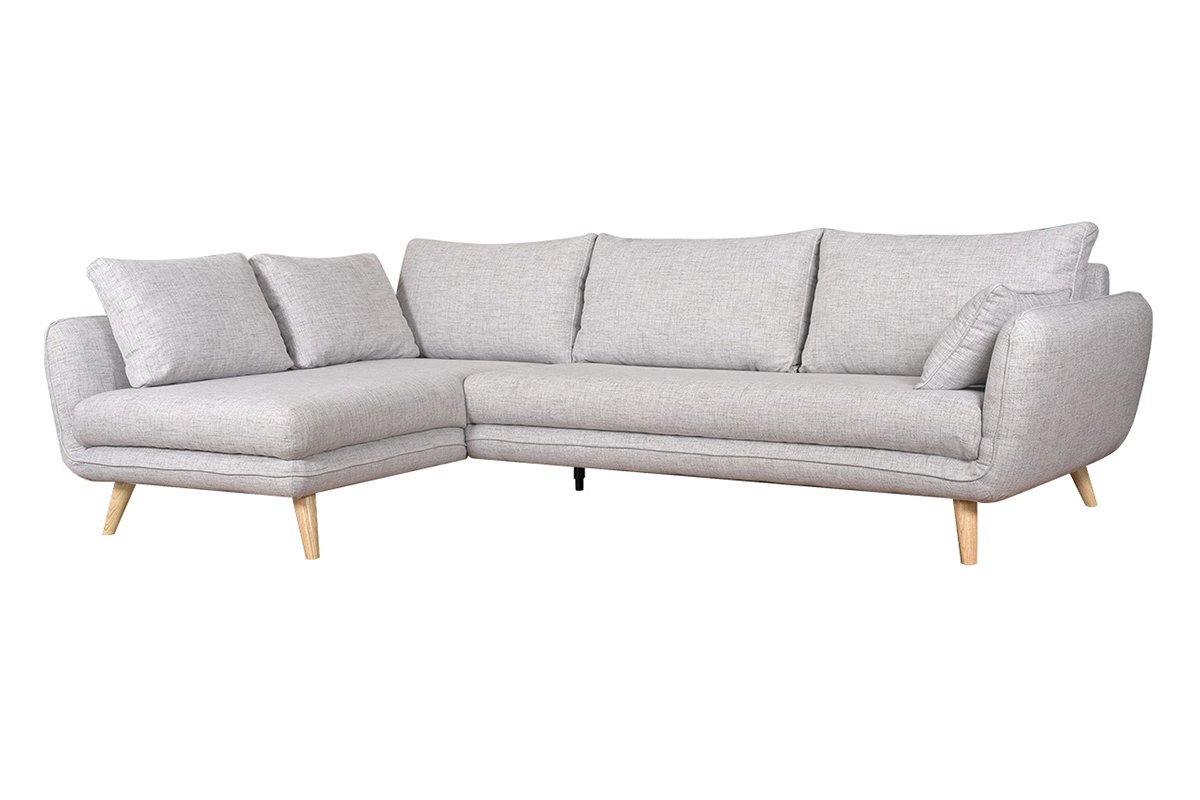 Canap� d'angle gauche scandinave 5 places en tissu gris clair chin� et bois clair CREEP