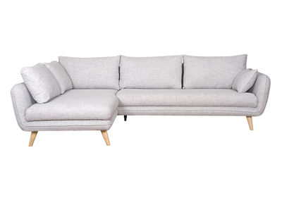 Canap&eacute; d'angle gauche scandinave 5 places en tissu gris clair chin&eacute; et bois clair CREEP