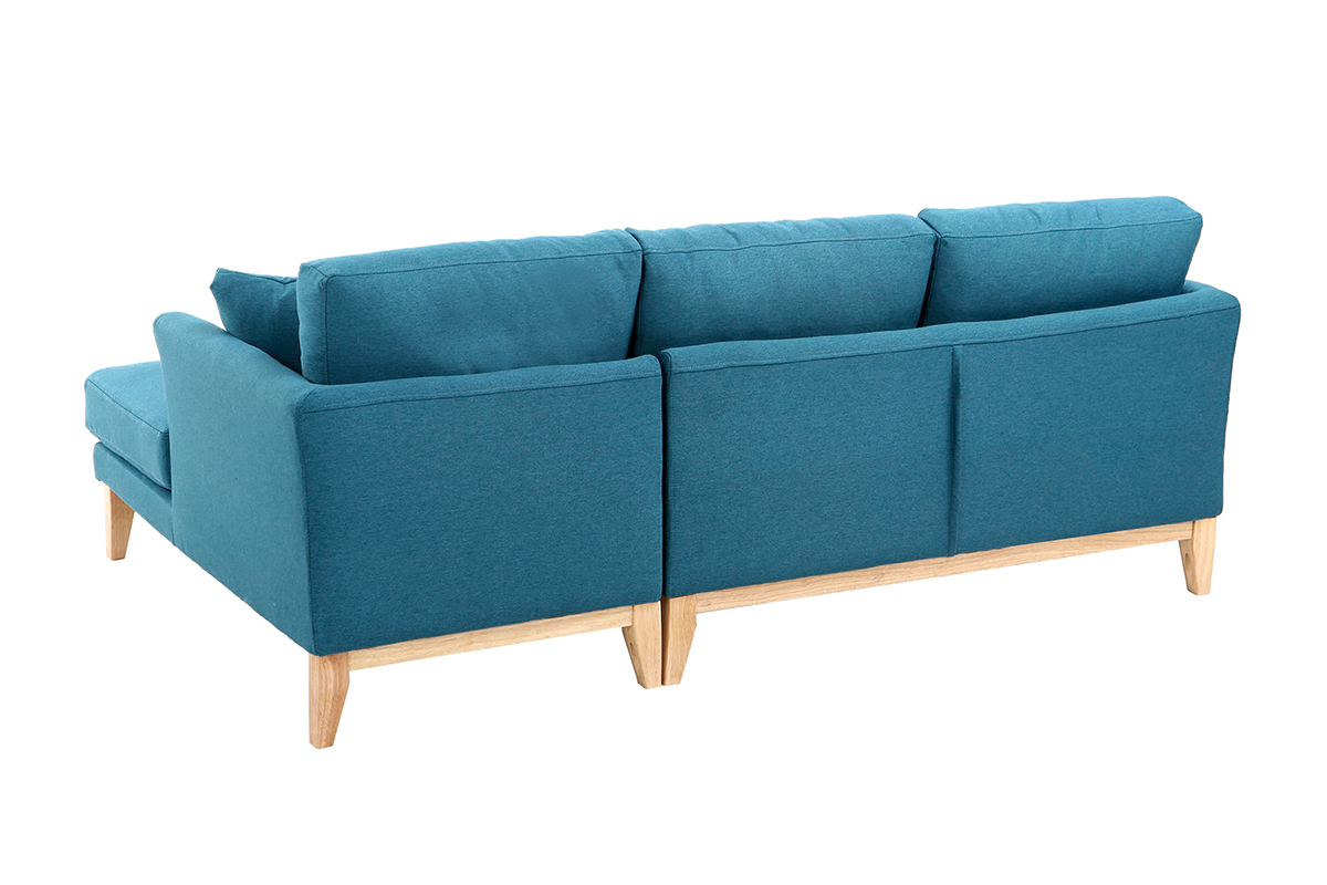 Canap� d'angle gauche scandinave bleu canard, 3-4 places, vue arri�re, pieds en bois clair.