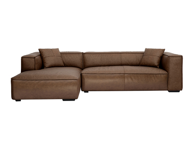 Canap&eacute; d'angle gauche vintage 4-5 places en cuir marron et bois noir COBAIN