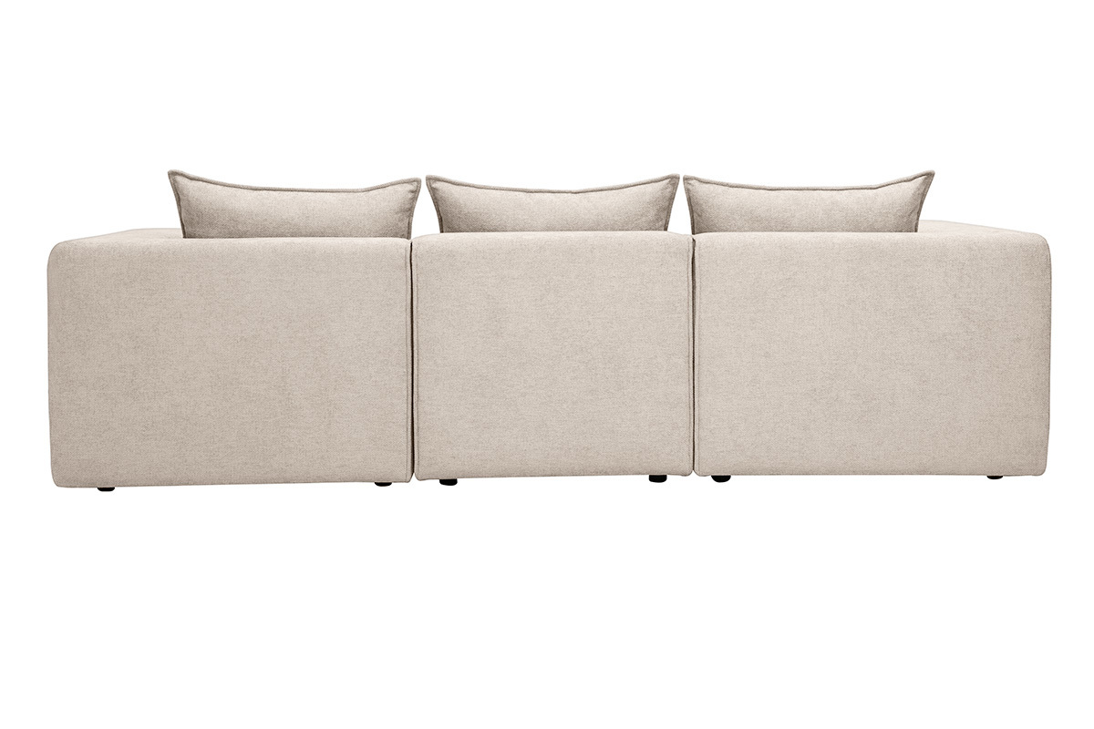 Canap� d'angle modulable beige 4 places, vue de dos avec coussins.