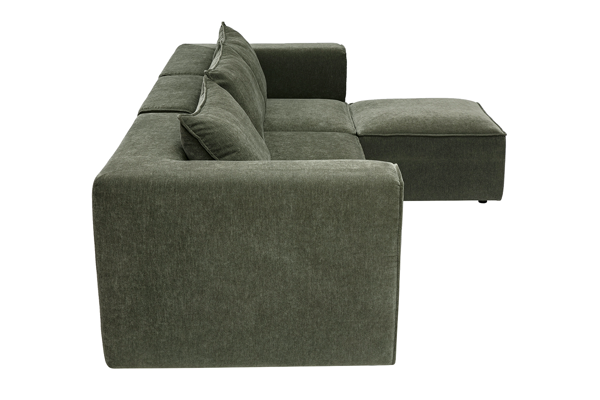 Canap� d'angle modulable 4 places en tissu effet velours vert kaki, vue de c�t�.