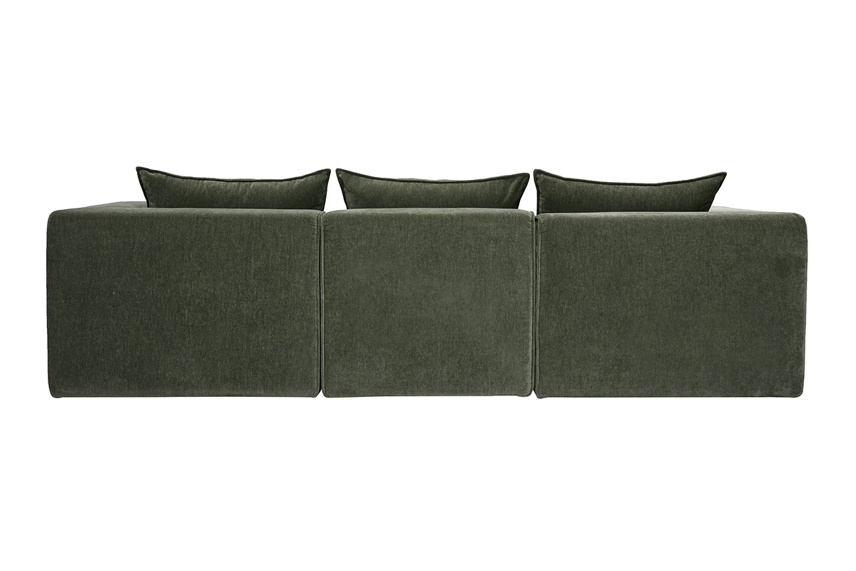 Canap� d'angle modulable 4 places en tissu effet velours vert kaki, vue de dos.