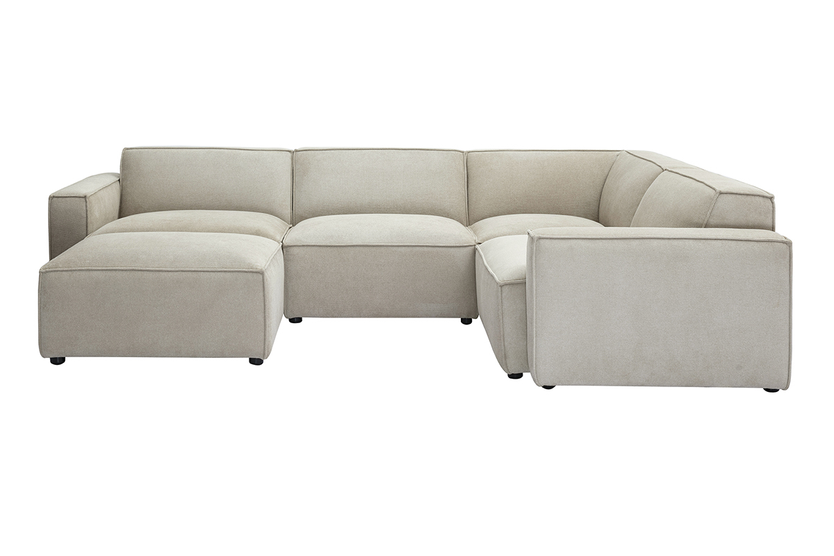 Canap� d'angle modulable beige 5 places avec pouf, vue de face.