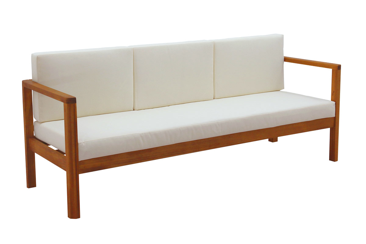 Canap� de jardin 3 places en bois massif et coussins d�houssables beige naturel L190 cm AKIS