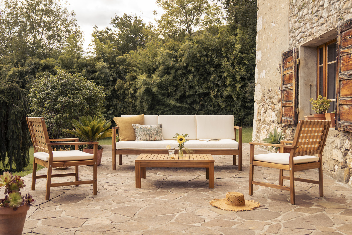 Canap� de jardin 3 places en bois massif et coussins d�houssables beige naturel L190 cm AKIS