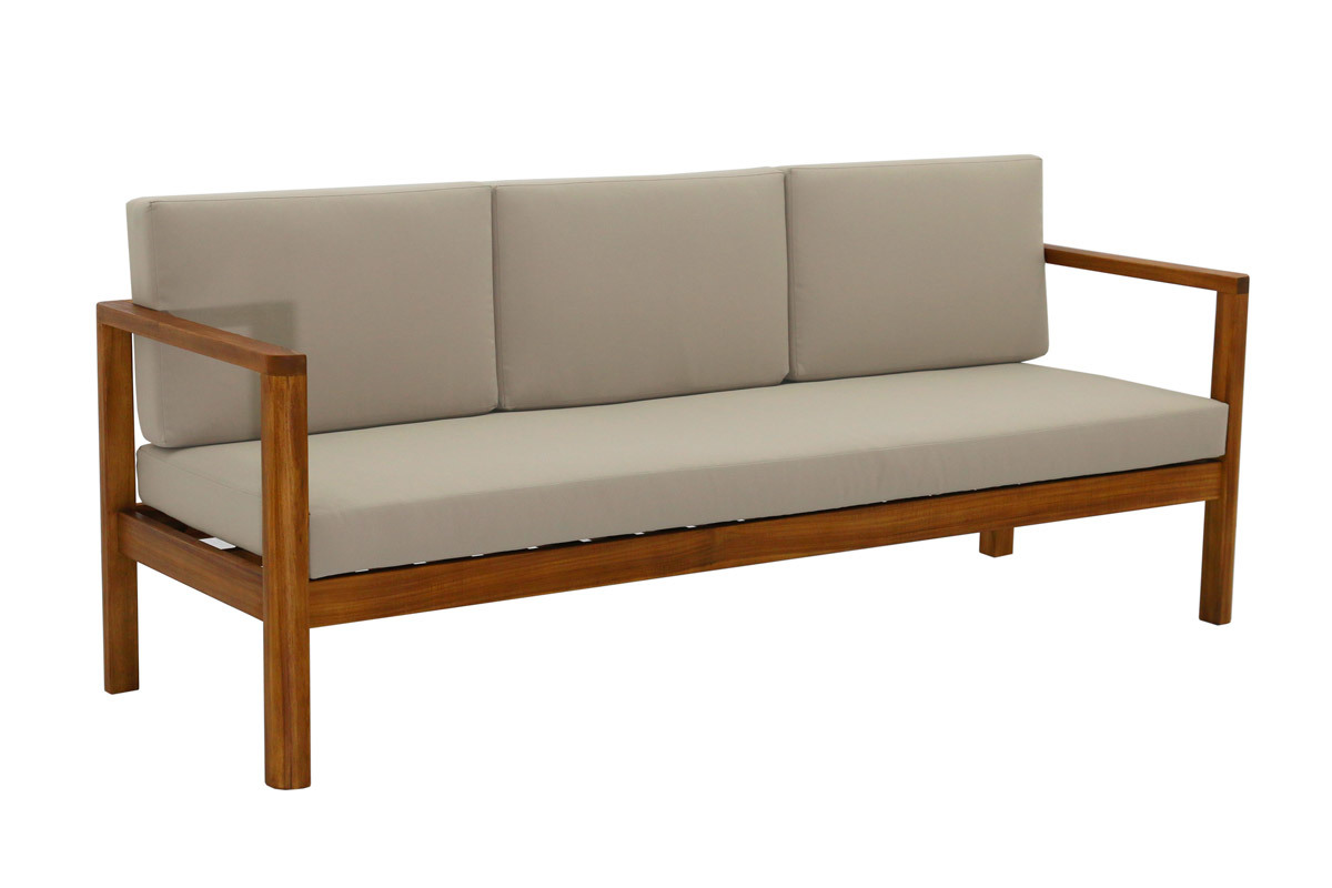Canap� de jardin 3 places en bois massif et coussins d�houssables taupe L190 cm AKIS