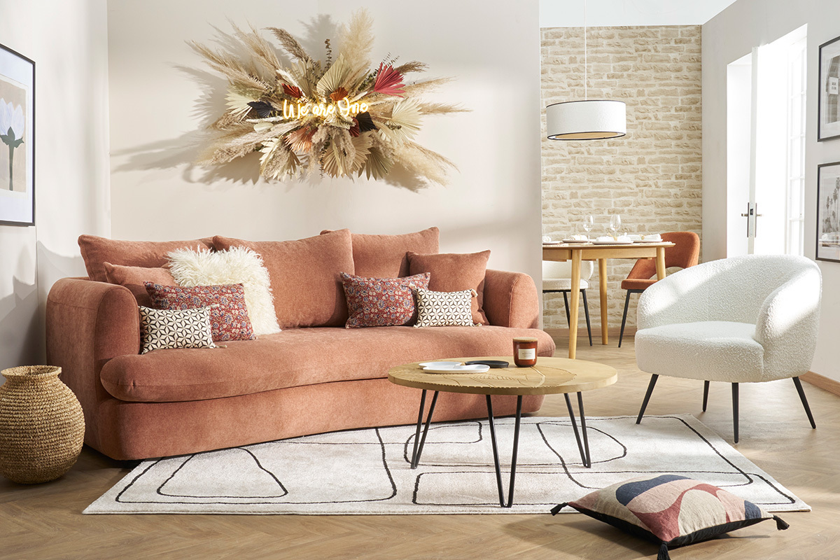 Canap� d�houssable 3-4 places design haricot en tissu effet velours terre br�l�e SACHA