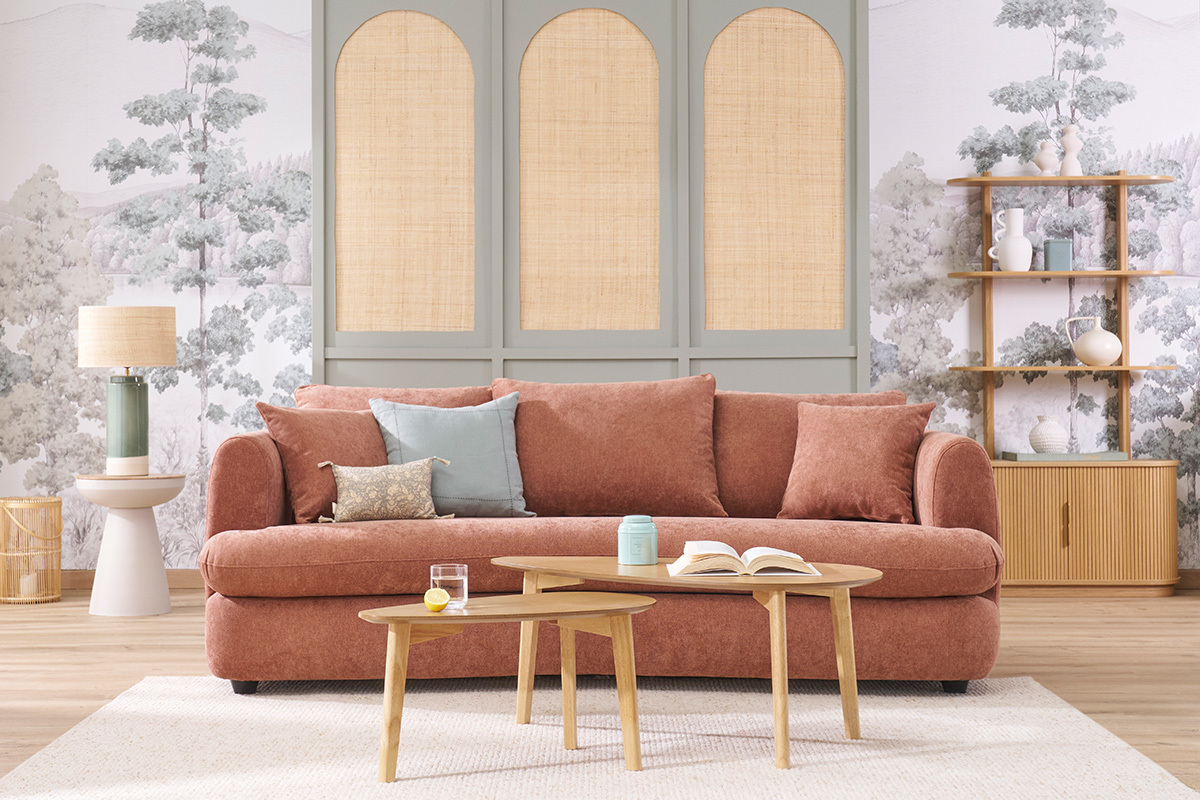 Canap� d�houssable 3-4 places design haricot en tissu effet velours terre br�l�e SACHA